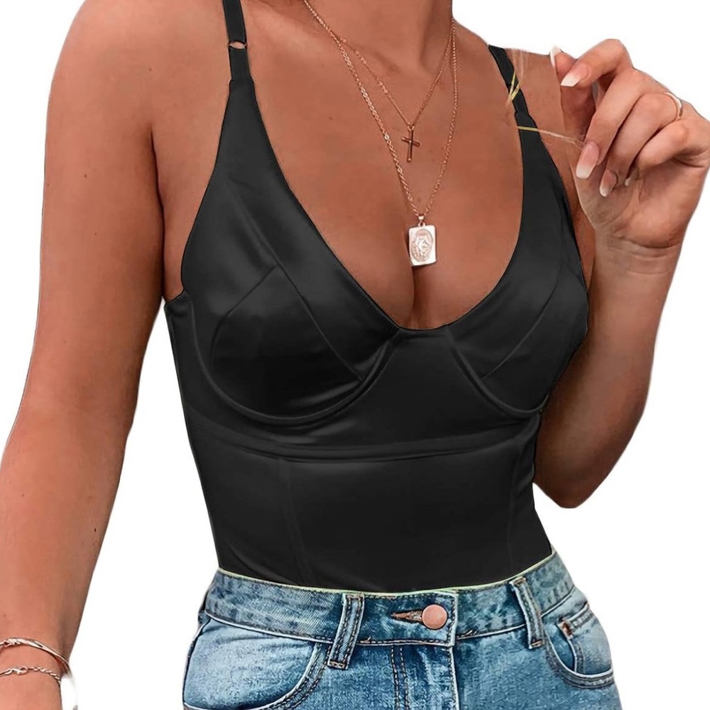 Bodysuit Sexy Deep V Neck Shiny Size Medium
